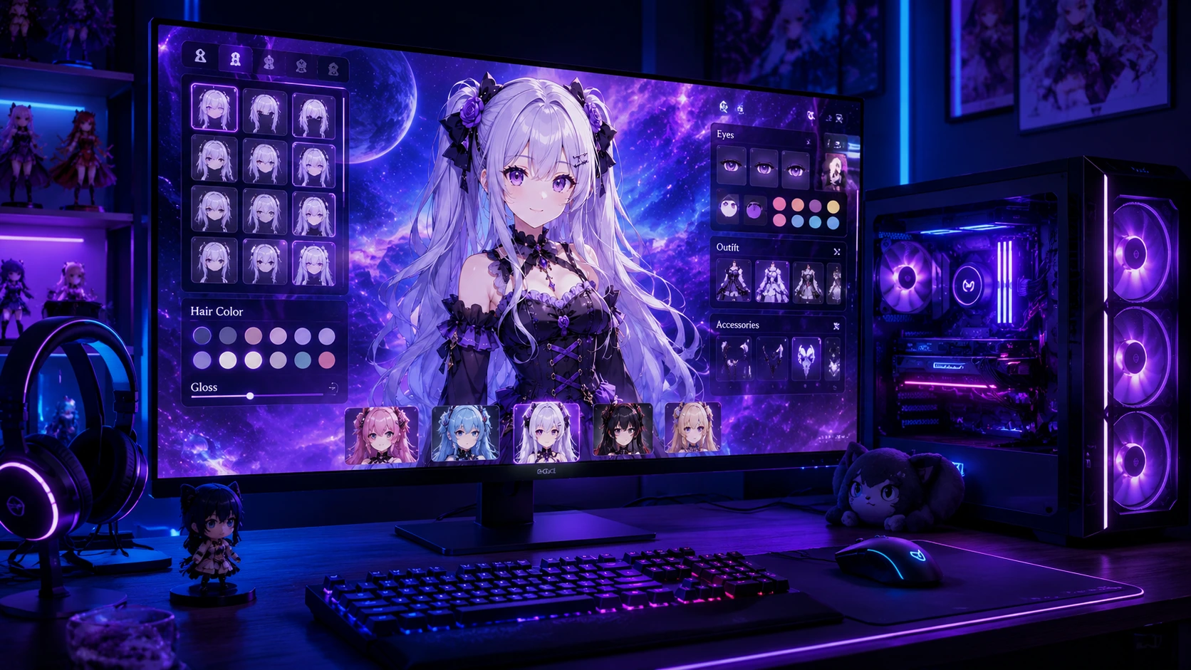 Gacha Nebula rodando no desktop com interface completa de criação de personagens em tema espacial roxo
