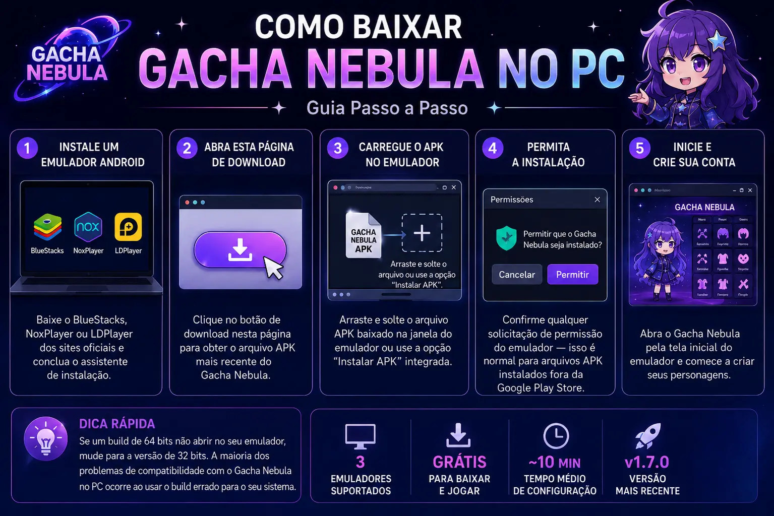 Como baixar o Gacha Nebula no PC passo a passo — guia visual de instalação com emulador Android