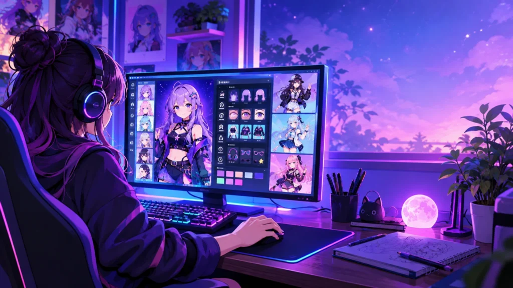 Jogador criando personagens anime no Gacha Nebula com roupas, acessórios e ferramentas de personalização sem precisar gastar dinheiro