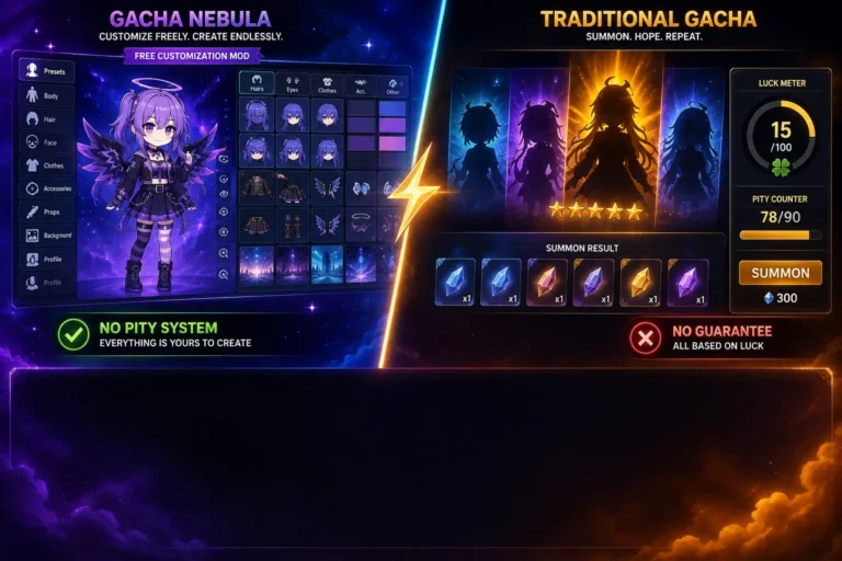 gacha nebula pity system explained Explicação do sistema de pity do Gacha Nebula com comparação entre mod de criação de personagens e jogos gacha tradicionais