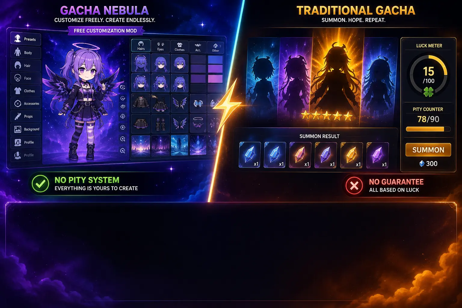 Explicação do sistema de pity do Gacha Nebula com comparação entre mod de criação de personagens e jogos gacha tradicionais