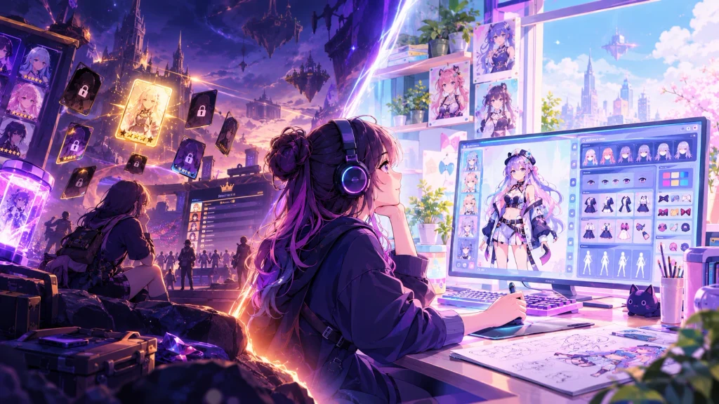 Comparativo entre jogos gacha tradicionais, com recompensas aleatórias, e o Gacha Nebula, focado em criar e personalizar personagens. Ilustração.
