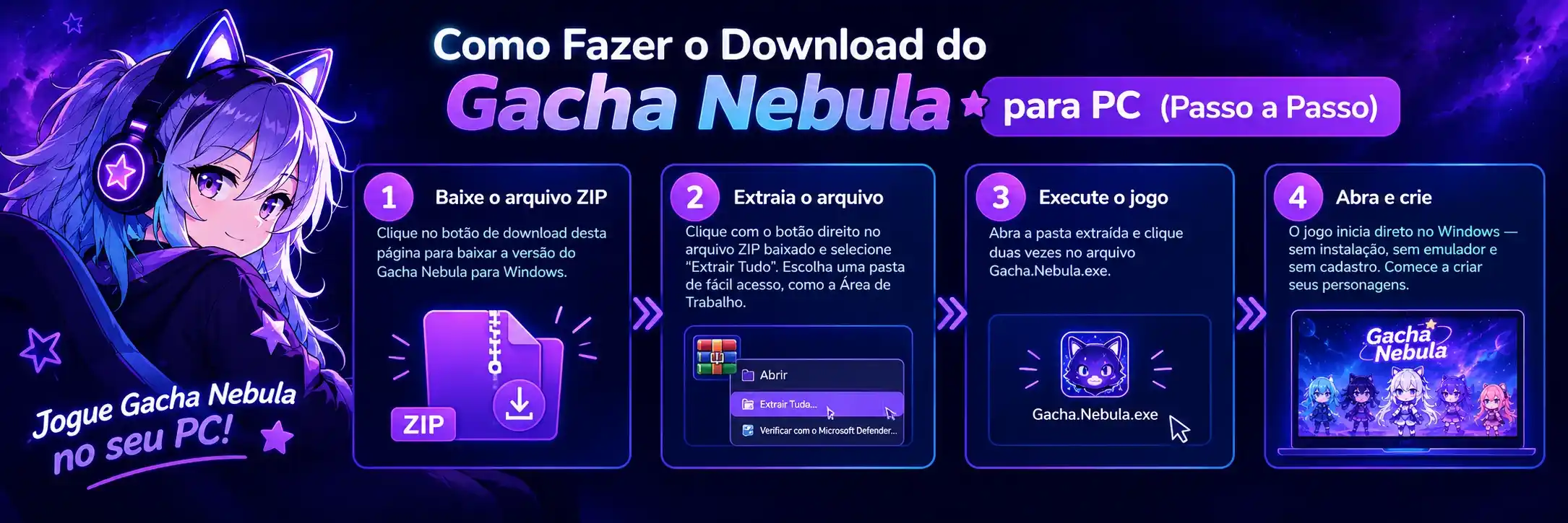 Passo a passo para baixar o Gacha Nebula no PC: baixar o arquivo ZIP, extrair o arquivo, executar o Gacha.Nebula.exe e jogar direto no Windows, sem emulador