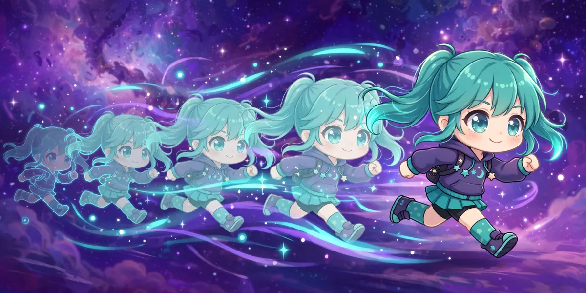 animacao suave alight motion gacha 1 Personagem em estilo Gacha se movendo com um rastro suave de animação, em cenário espacial. Ilustração.