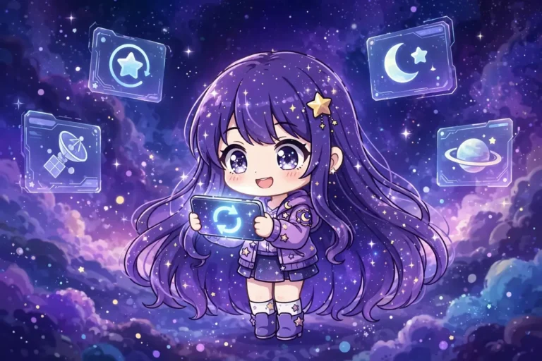 Personagem em estilo Gacha segurando um celular com o símbolo de atualização, em cenário espacial roxo. Ilustração.