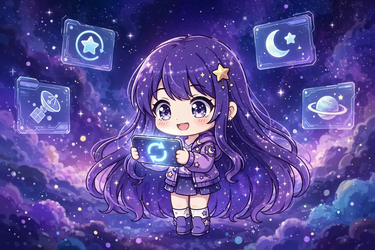 Personagem em estilo Gacha segurando um celular com o símbolo de atualização, em cenário espacial roxo. Ilustração.