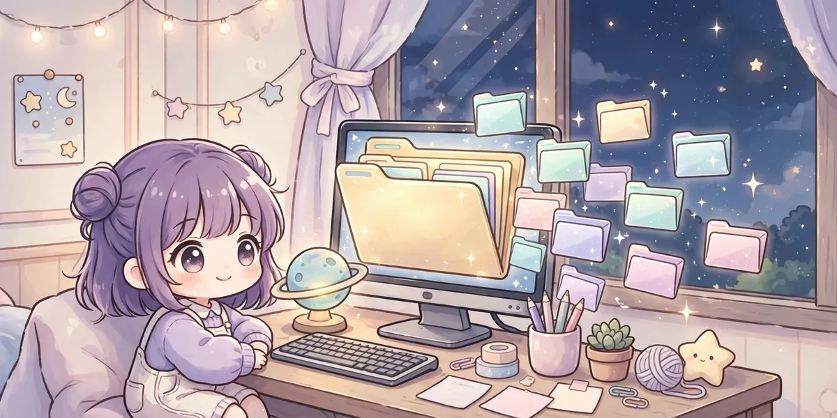Personagem chibi em uma mesa com computador, com uma pasta se abrindo e arquivos saindo na tela. Ilustração.