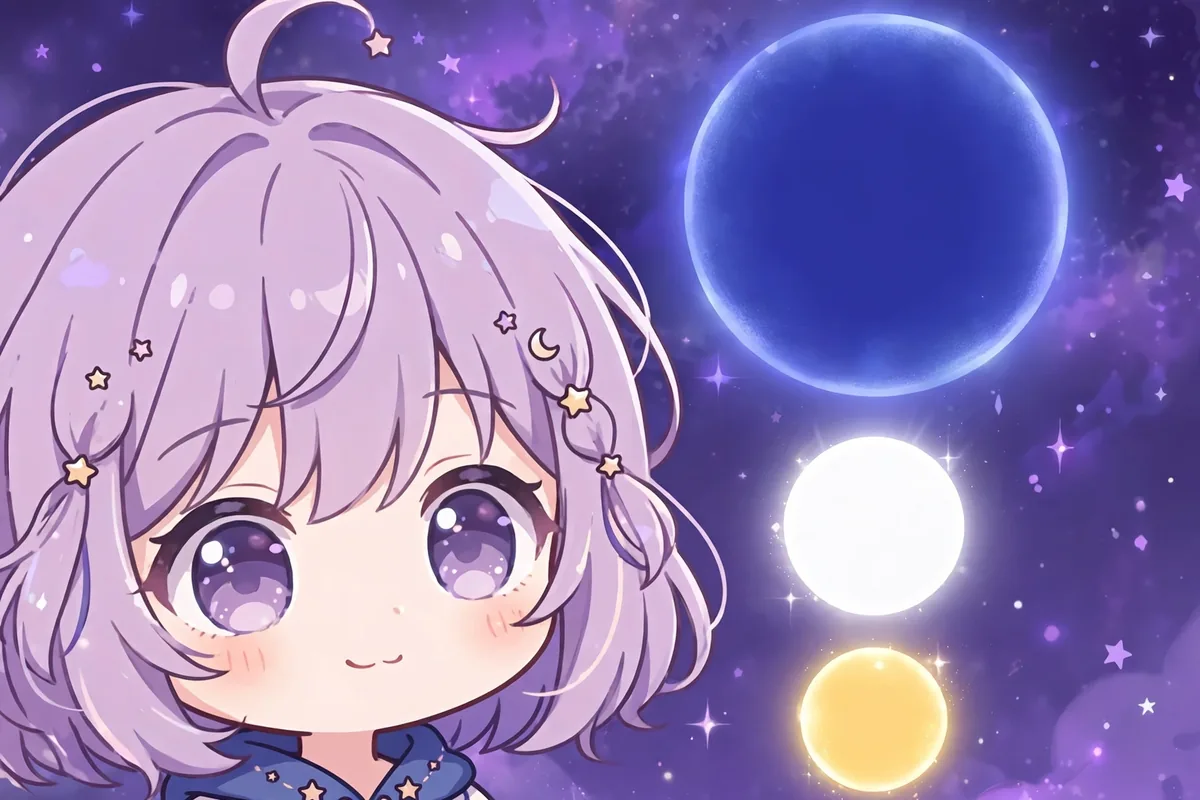 Rosto e cabelo de uma personagem chibi ao lado de três círculos de cores, um grande azul escuro, um branco e um dourado. Ilustração feita para este guia.