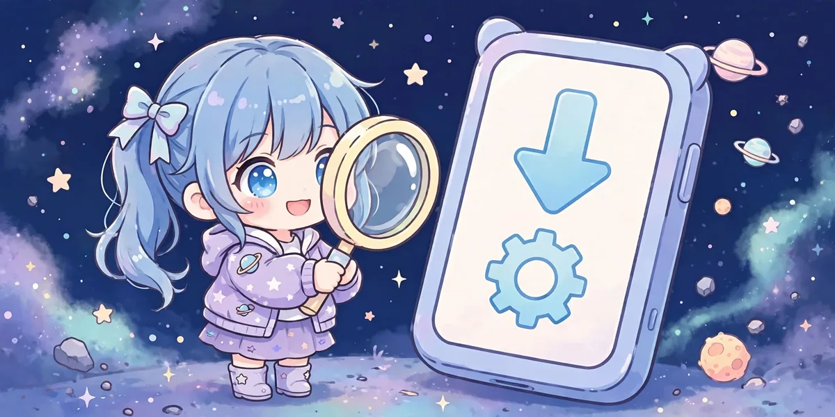 capa aplicativo nao instalado gacha nebula Personagem chibi com uma lupa examinando um celular gigante com seta de download e engrenagem na tela, em fundo espacial. Ilustração.