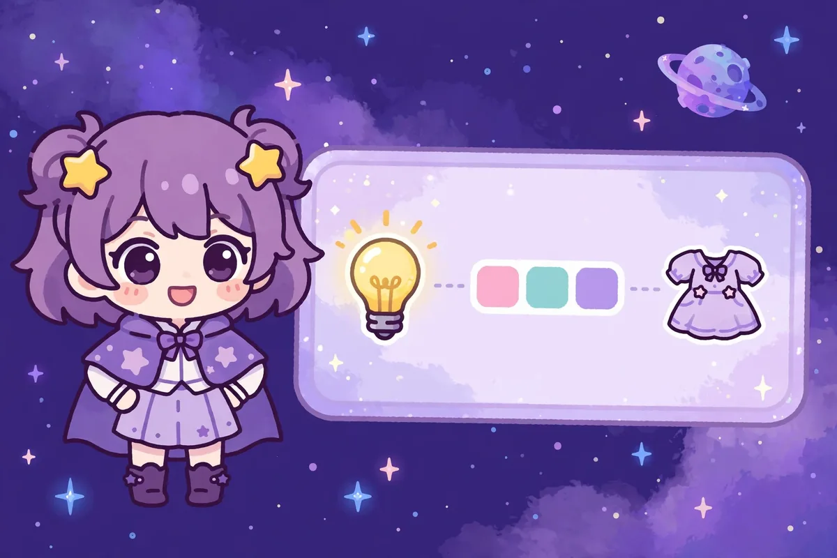 Personagem chibi recém-criada ao lado de um painel com ideia, cores e roupas marcadas em sequência, em fundo espacial. Ilustração.