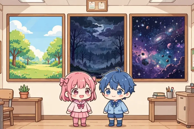 capa escolher cenario certo cena glmm Duas personagens chibi em uma sala de aula com três fundos diferentes mostrados atrás delas para comparação, um claro, um escuro e um espacial. Ilustração.