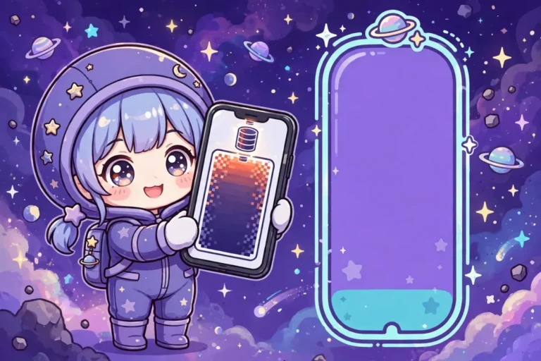 capa gacha nebula celular pouca memoria Personagem chibi segurando um celular com o ícone de armazenamento quase cheio, ao lado de uma barra de espaço com a maior parte livre. Ilustração.
