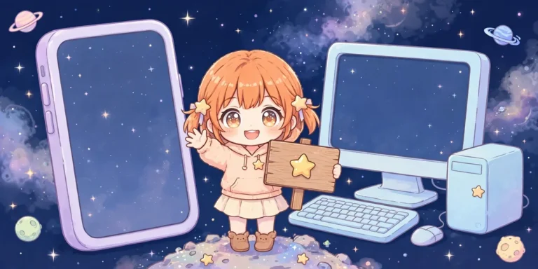 Uma placa de boas-vindas segurada por uma personagem chibi, entre um celular e um computador, em fundo espacial. Ilustração.