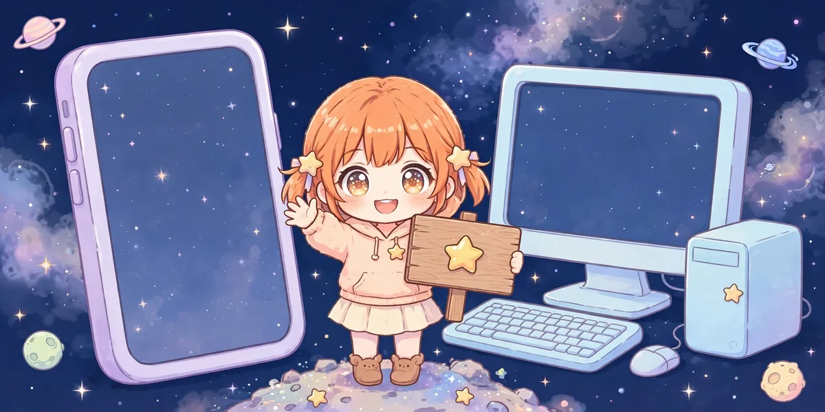 Uma placa de boas-vindas segurada por uma personagem chibi, entre um celular e um computador, em fundo espacial. Ilustração.