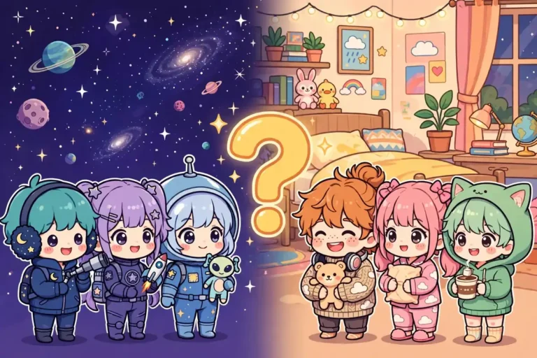 capa gacha nebula vs gacha life 2 Dois grupos de personagens chibi lado a lado, um diante de um cenário espacial roxo e outro diante de um fundo de quarto colorido, com um ponto de interrogação ao centro. Ilustração.