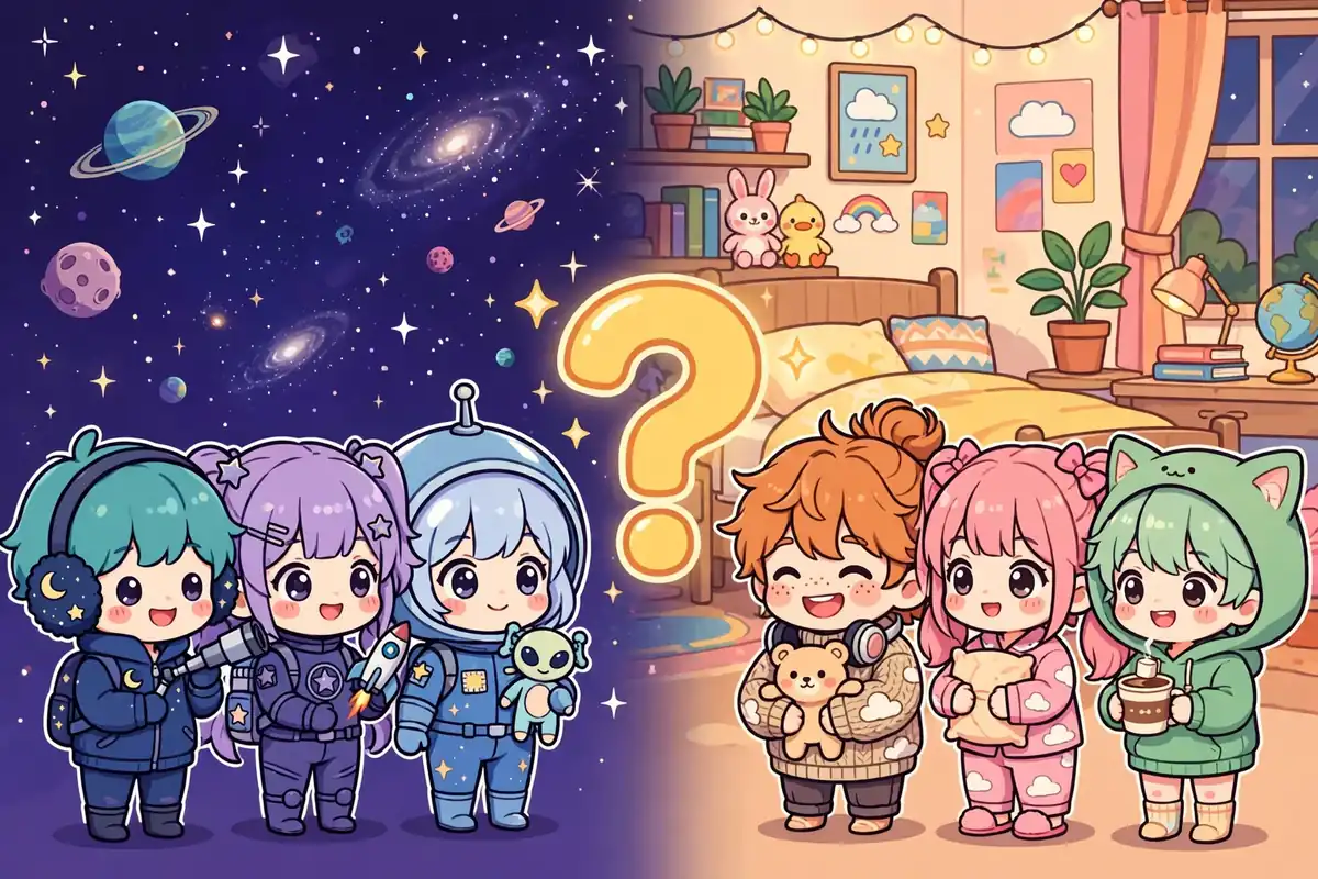 Dois grupos de personagens chibi lado a lado, um diante de um cenário espacial roxo e outro diante de um fundo de quarto colorido, com um ponto de interrogação ao centro. Ilustração.