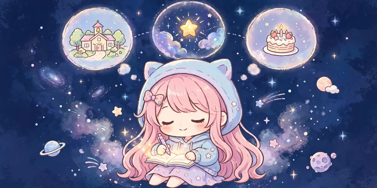 Personagem chibi de cabelos rosas escrevendo em um caderno brilhante, com bolhas de pensamento mostrando uma escola, uma estrela e um bolo. Ilustração.