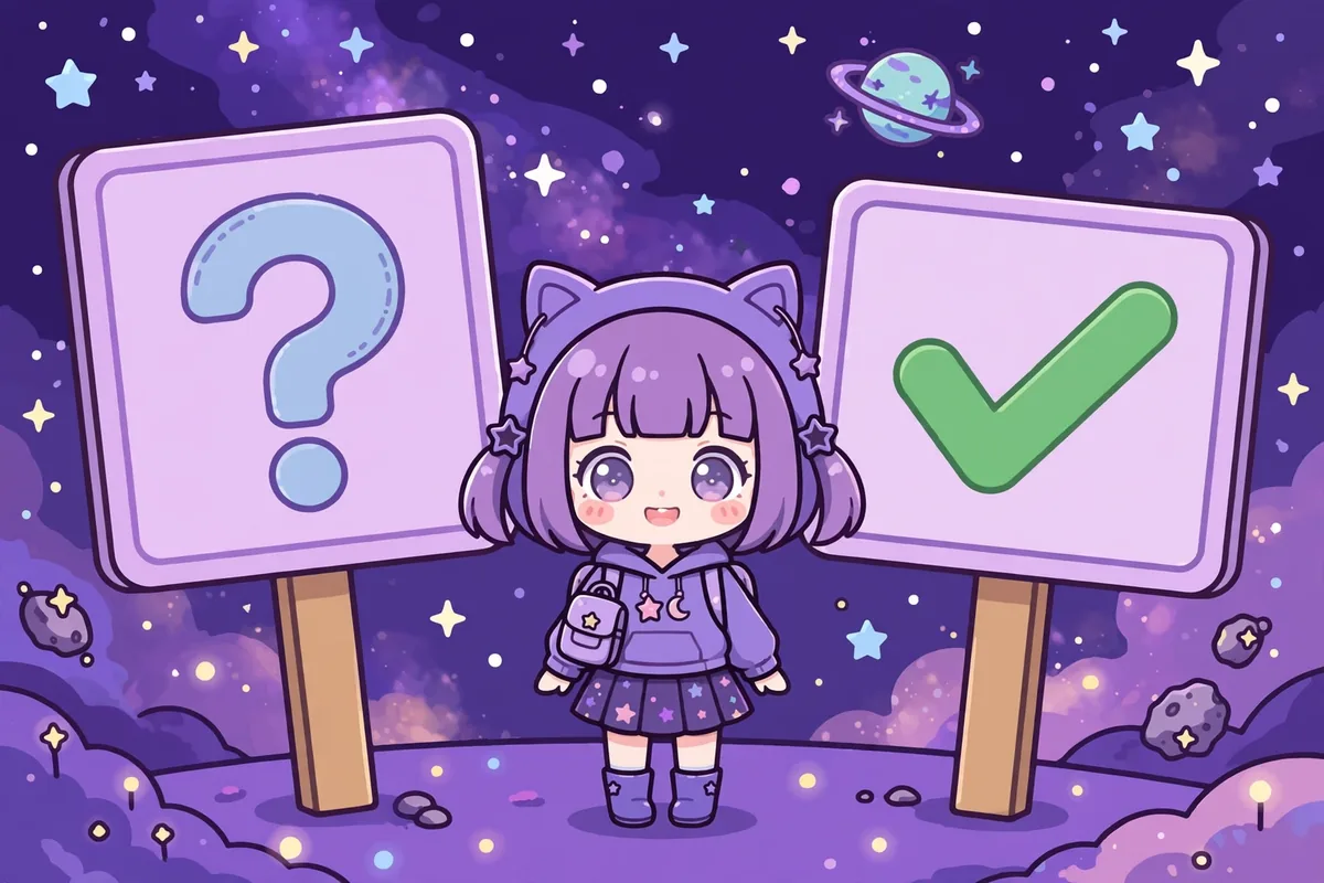 Personagem chibi entre dois cartazes, um com um ponto de interrogação e outro com um sinal de certo, em fundo espacial. Ilustração.