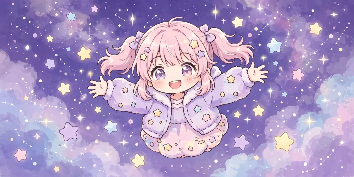 capa poses expressoes cenas gacha nebula De braços abertos entre estrelas, uma personagem chibi sorrindo em fundo espacial roxo.