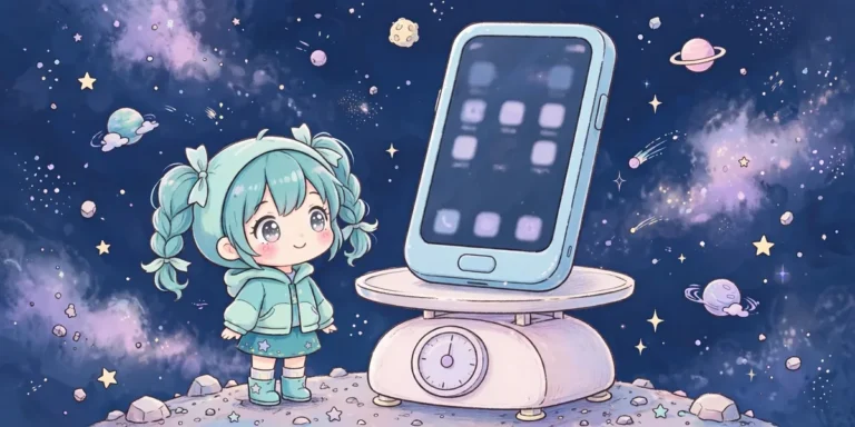 capa quanto pesa gacha nebula Um celular gigante sobre uma balança, ao lado de uma personagem chibi, em fundo espacial com estrelas e planetas. Ilustração.