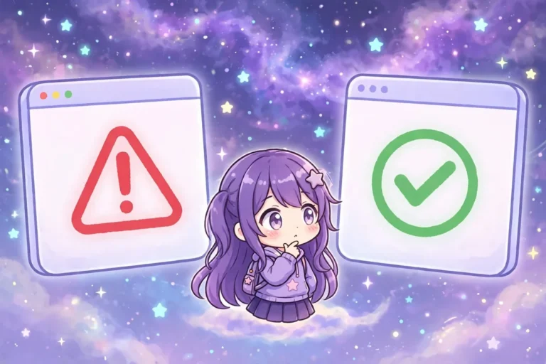 capa site falso gacha nebula Duas páginas de internet lado a lado, uma com sinal de alerta e outra com sinal de confirmação, e uma personagem chibi observando as duas. Ilustração em fundo espacial.