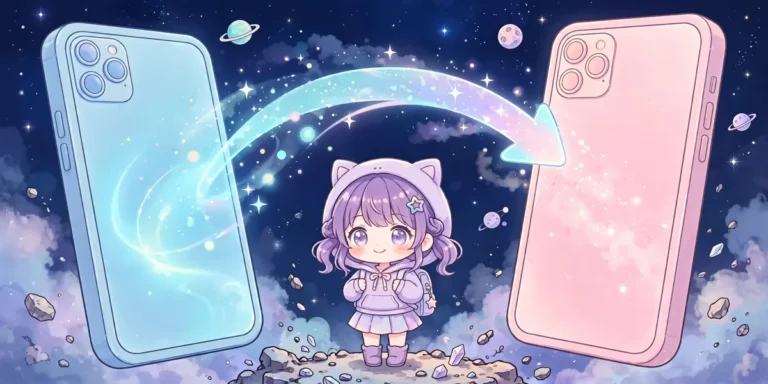 Dois celulares ligados por uma seta brilhante, com uma personagem chibi no meio, em fundo espacial. Ilustração.