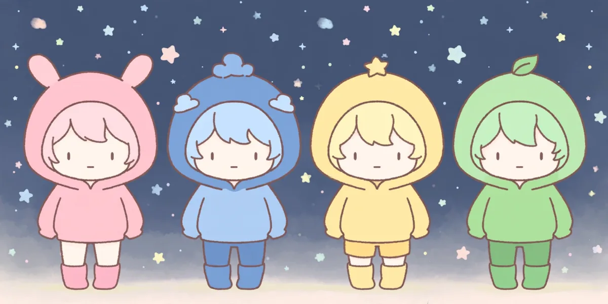 cena parada personagens gacha nebula Personagens chibi parados lado a lado, todos de pé na mesma pose neutra, como quem espera em uma fila. Ilustração feita para este guia.