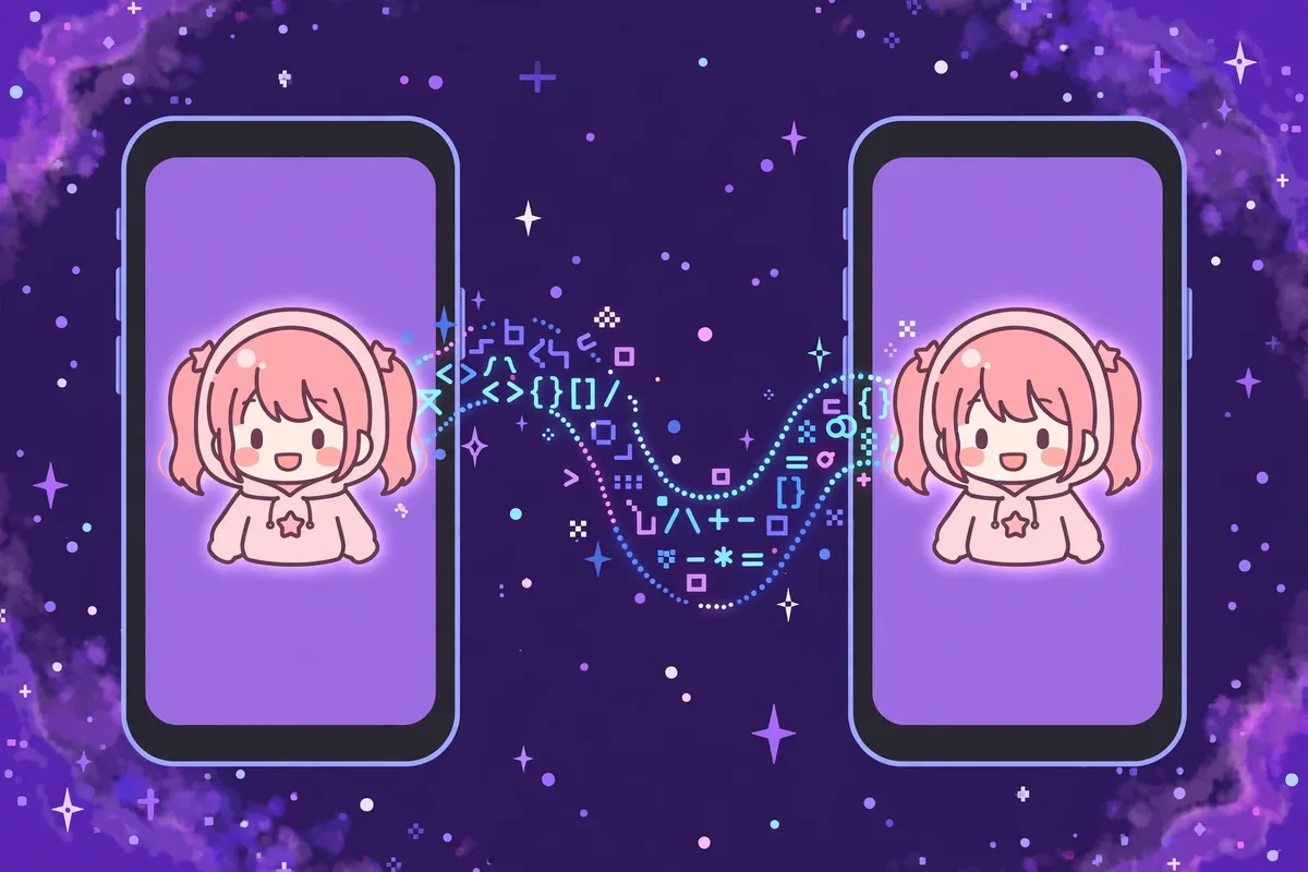 Dois celulares lado a lado com a mesma personagem chibi nos dois, ligados por um fluxo brilhante de símbolos de código. Ilustração.