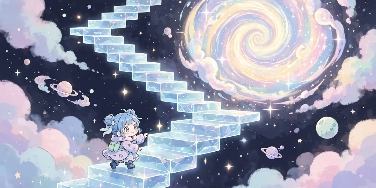 Degraus brilhantes subindo em direção a um portal espacial, com uma personagem chibi no caminho. Ilustração.