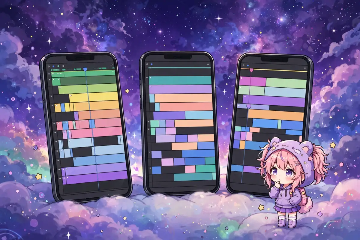 comparar editores de video gacha 1 Três celulares lado a lado com telas de edição de vídeo, em cenário espacial roxo, comparando os editores do guia. Ilustração.