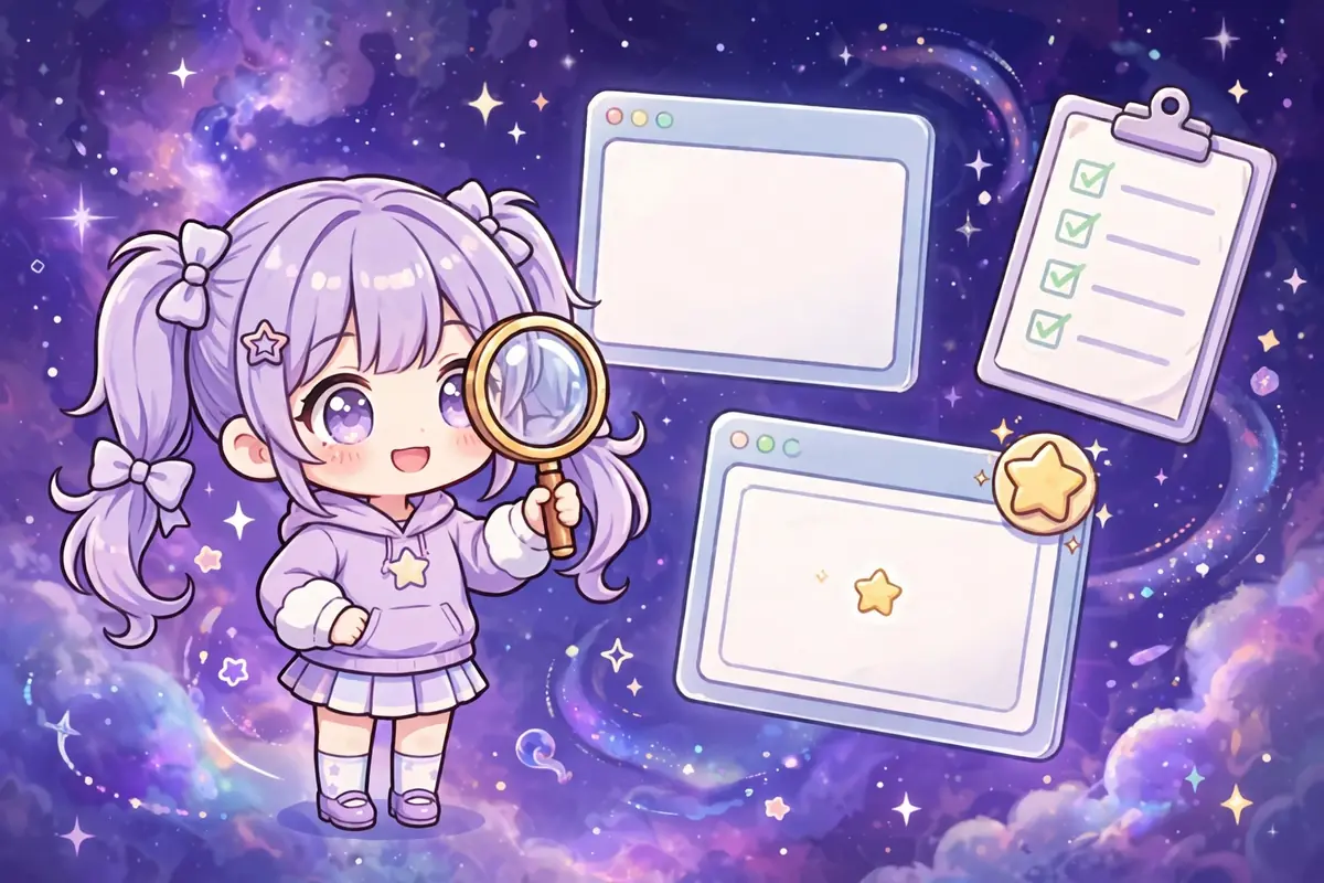 Personagem chibi comparando um site qualquer com a página oficial do jogo, com uma lista de conferência ao lado da tela. Ilustração.