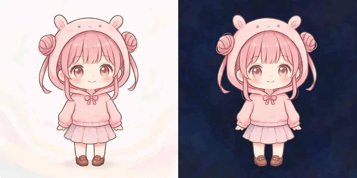 A mesma personagem chibi sobre um fundo claro e depois sobre um fundo escuro, para testar se o contorno continua visível. Ilustração.