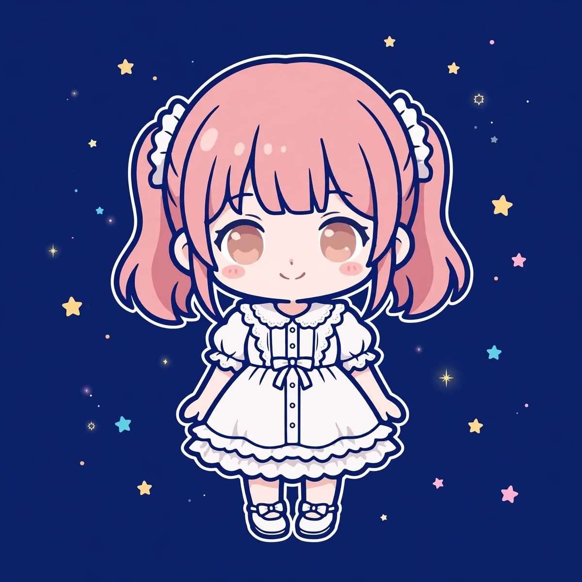 Personagem chibi de roupa branca em destaque diante de um fundo azul escuro, com o contorno bem visível. Ilustração.