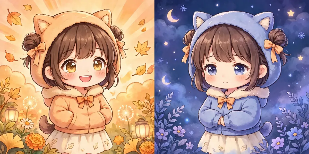cores clima cena gacha nebula A mesma personagem chibi em dois climas: cercada de cores quentes e claras de um lado, e de tons frios e escuros do outro. Ilustração.