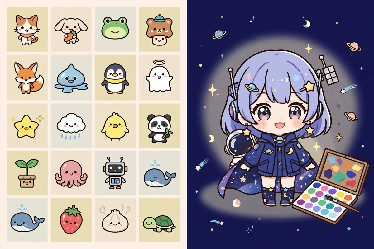 Grade de muitos personagens chibi pequenos de um lado e, do outro, uma única personagem em destaque com peças espaciais e paleta de cores aberta ao lado. Ilustração.