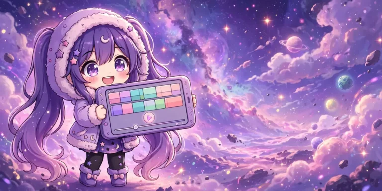 Personagem em estilo Gacha editando um vídeo no celular, tema do guia de editores gratuitos para criadores Gacha. Ilustração.