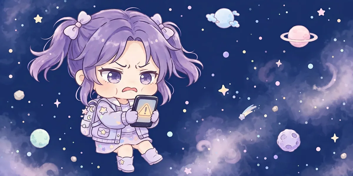 erro aplicativo nao instalado gacha nebula Uma personagem chibi frustrada diante de um celular com aviso de erro de instalação, com estrelas e planetas ao fundo. Ilustração.