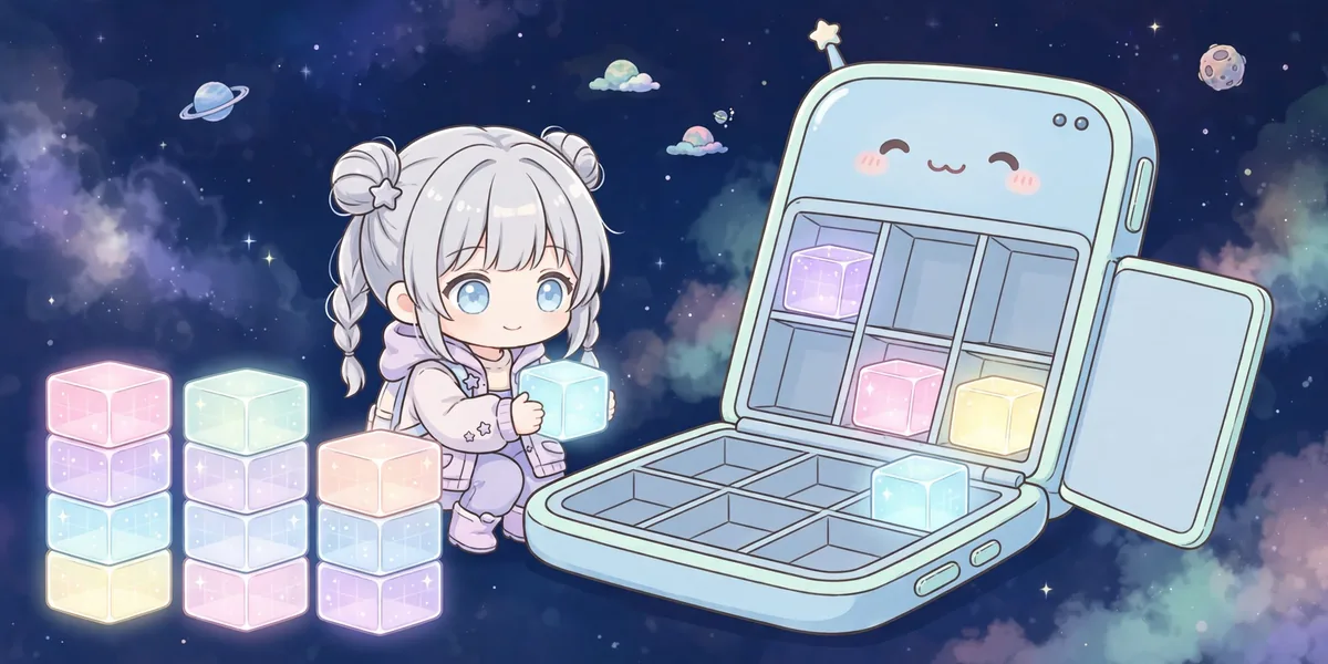 Personagem chibi organizando cubos de armazenamento brilhantes dentro de um celular gigante. Ilustração.