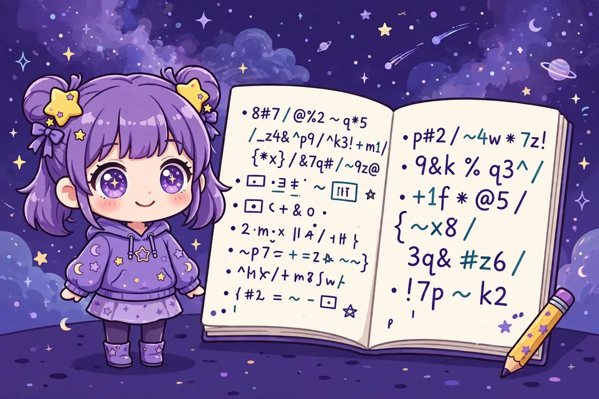Personagem chibi ao lado de um bloco de notas aberto com códigos de letras, números e símbolos escritos à mão. Ilustração deste artigo.