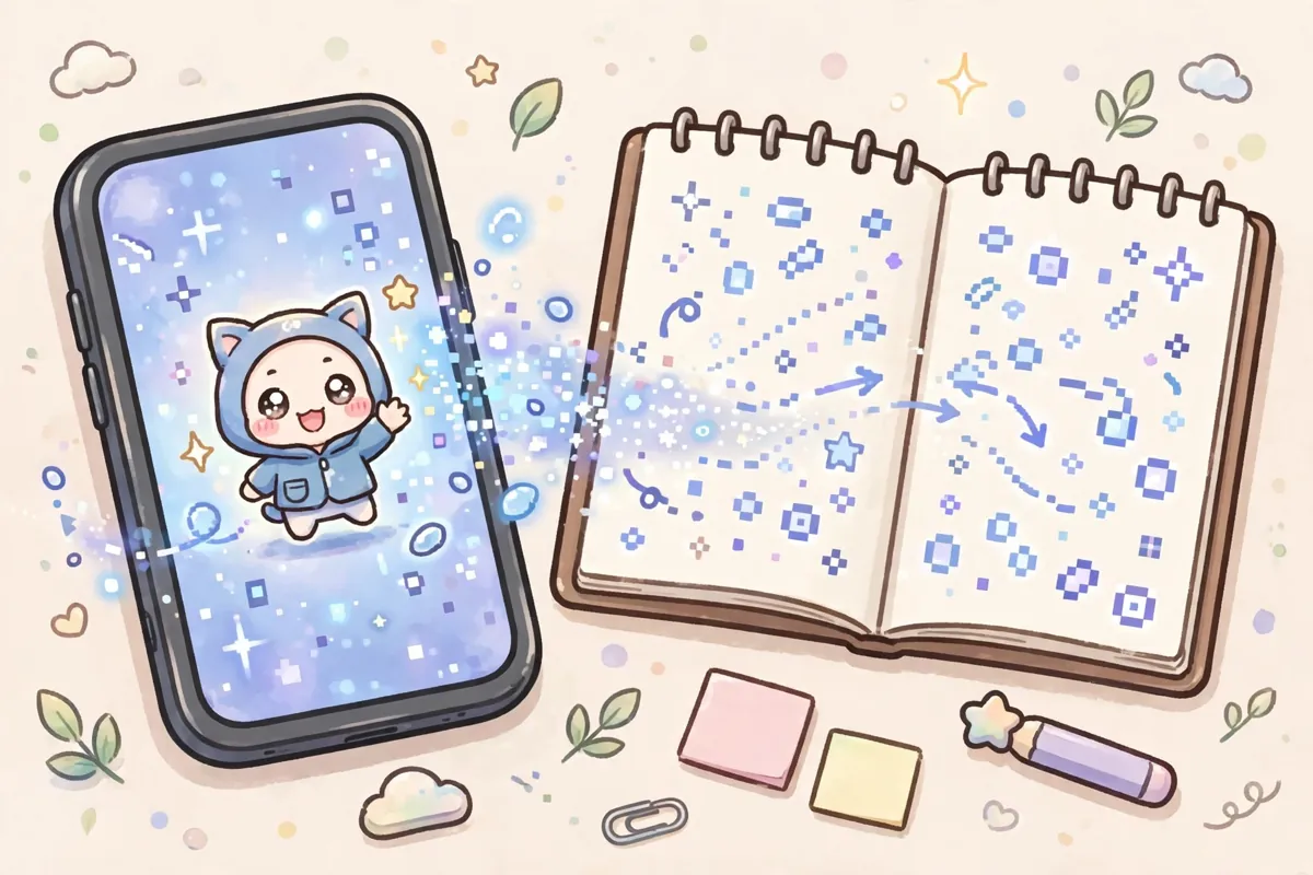 Código de personagem sendo copiado de um celular para um caderno aberto ao lado, com a personagem chibi acenando da tela. Ilustração deste artigo.