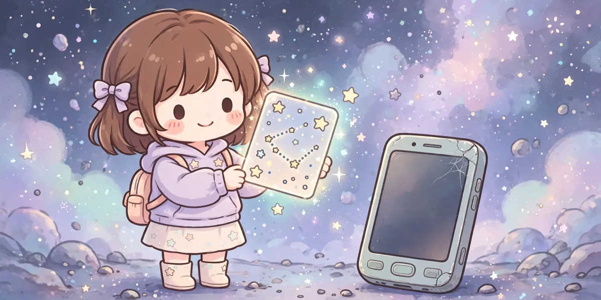 Personagem chibi segurando um cartão com código ao lado de um celular antigo. Ilustração.