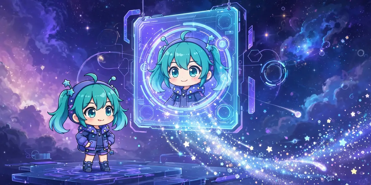 Um grande cartão de perfil brilhante ao lado de uma personagem em estilo Gacha, representando a exportação do personagem antes da atualização. Ilustração.