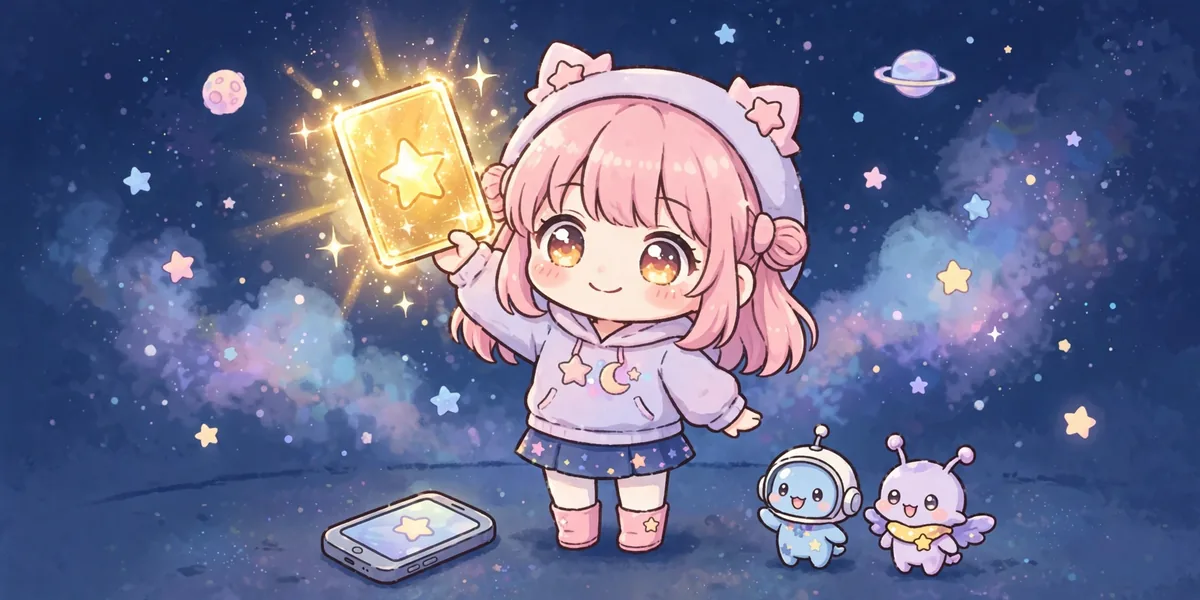 exportar personagens antes de desinstalar gacha nebula Personagem chibi segurando um cartão brilhante com código, ao lado de um celular, antes de desinstalar o jogo. Ilustração.