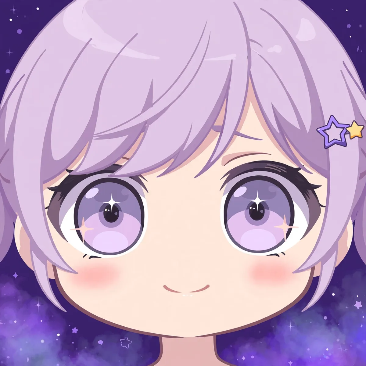 Close do rosto de uma personagem chibi mostrando os olhos com pupilas bem encaixadas e uma expressão tímida. Ilustração.