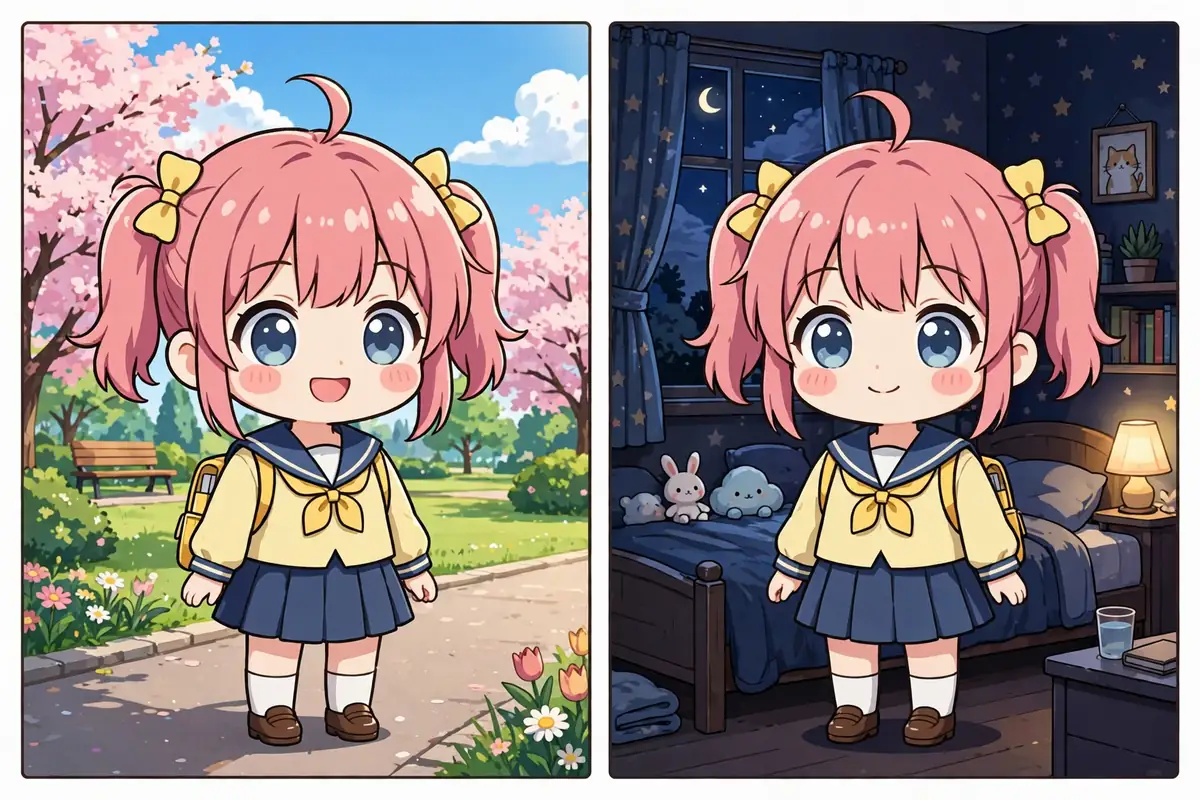 A mesma personagem chibi repetida em dois quadros, um com fundo claro de parque e outro com fundo escuro de quarto à noite. Ilustração feita para este guia.