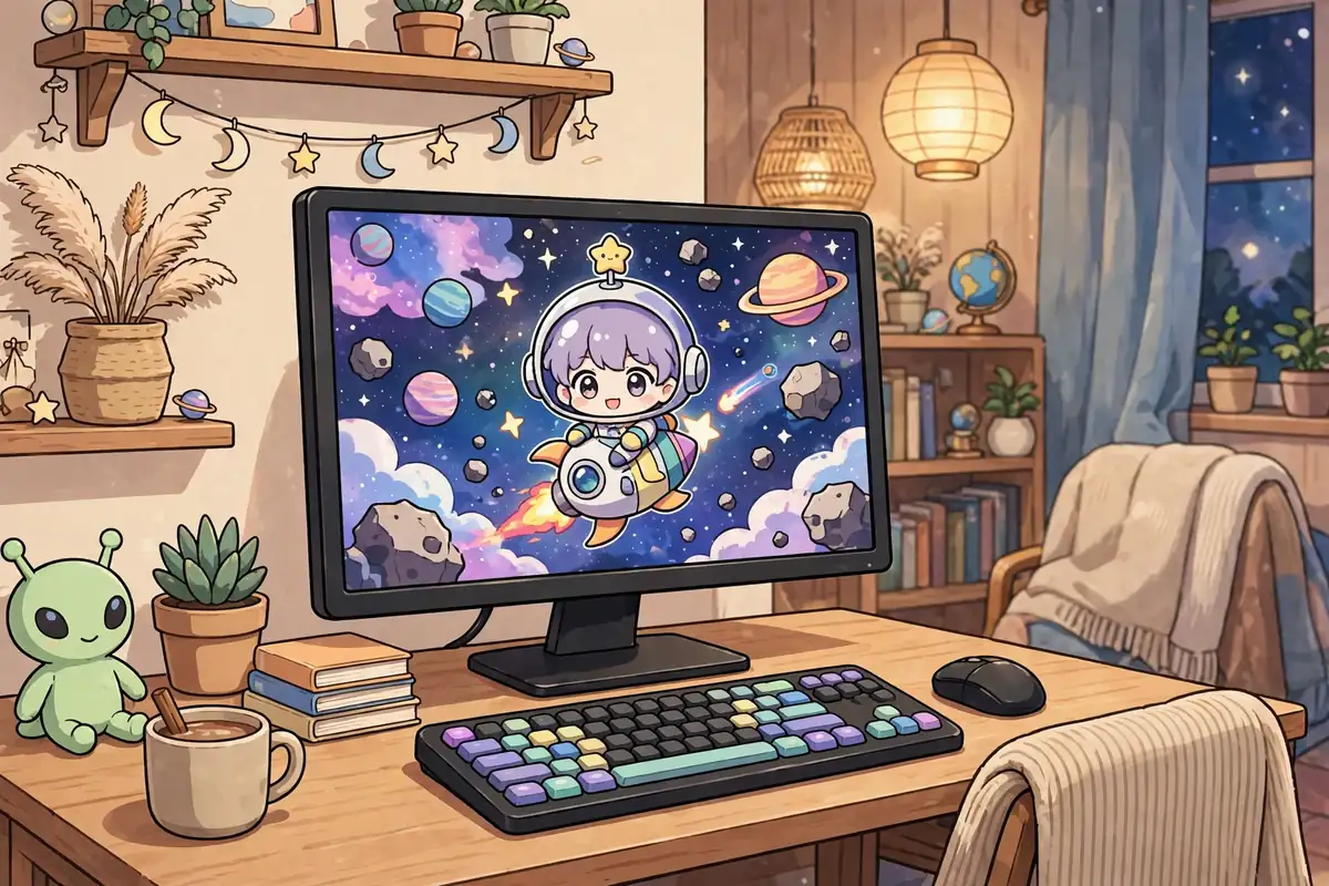 Monitor de computador mostrando uma cena espacial do jogo, com teclado e mouse sobre a mesa e nenhum celular por perto. Ilustração deste guia.