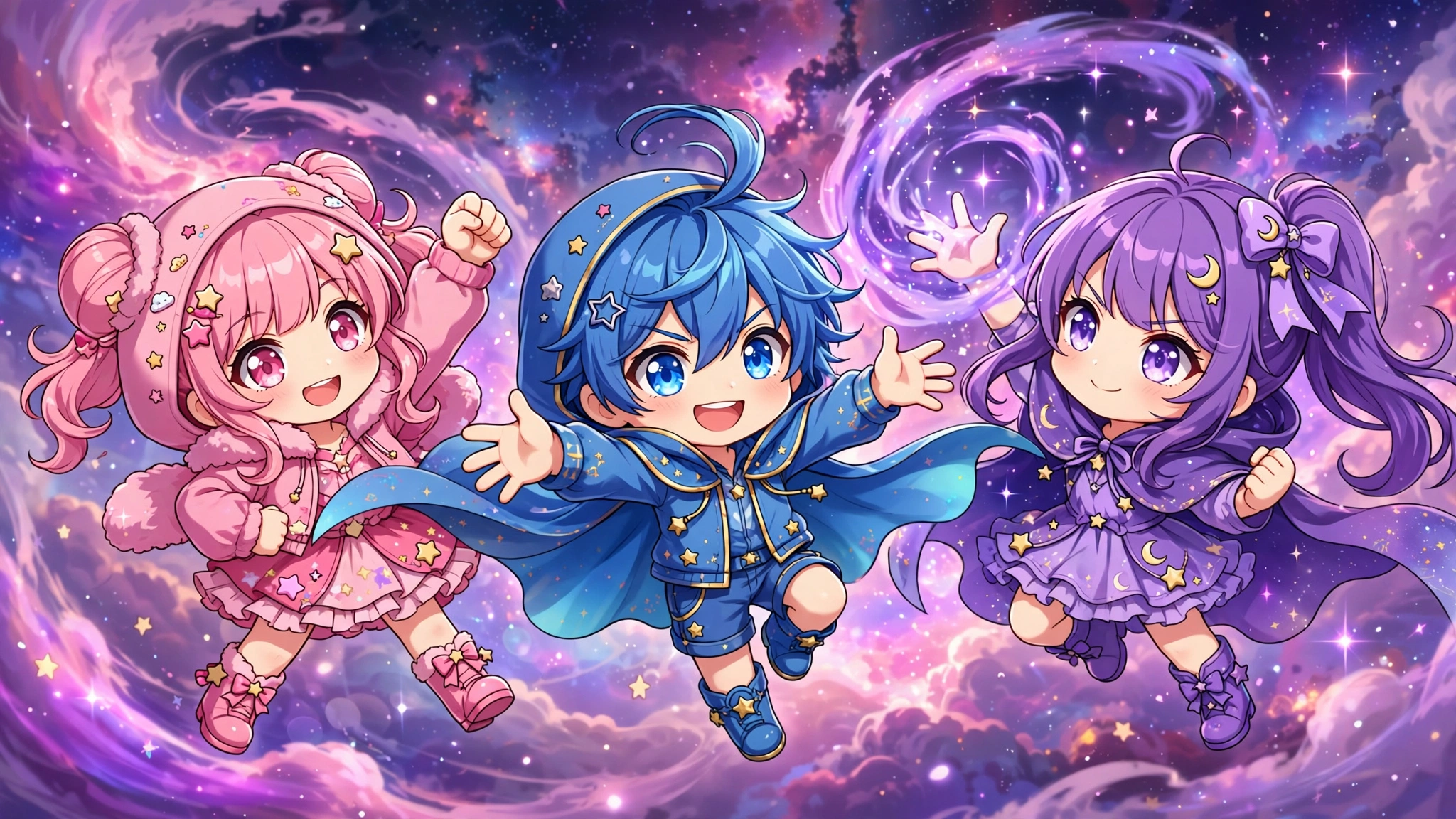 glmm capa Três personagens chibi em estilo Gacha posando em um cenário de nebulosa espacial, na abertura do guia de mini filmes GLMM. Ilustração.