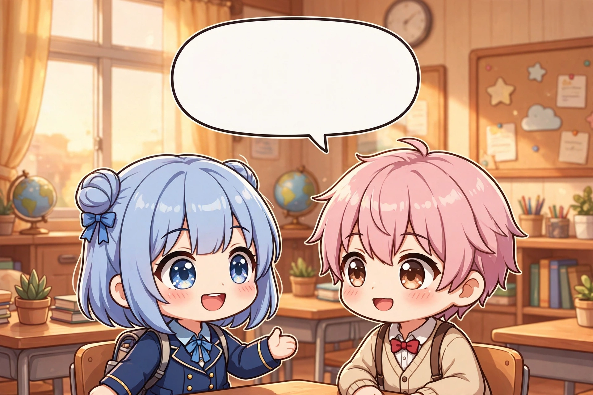 glmm cena dialogo Dois personagens conversando em uma sala de aula, em uma cena montada para um mini filme GLMM. Ilustração.