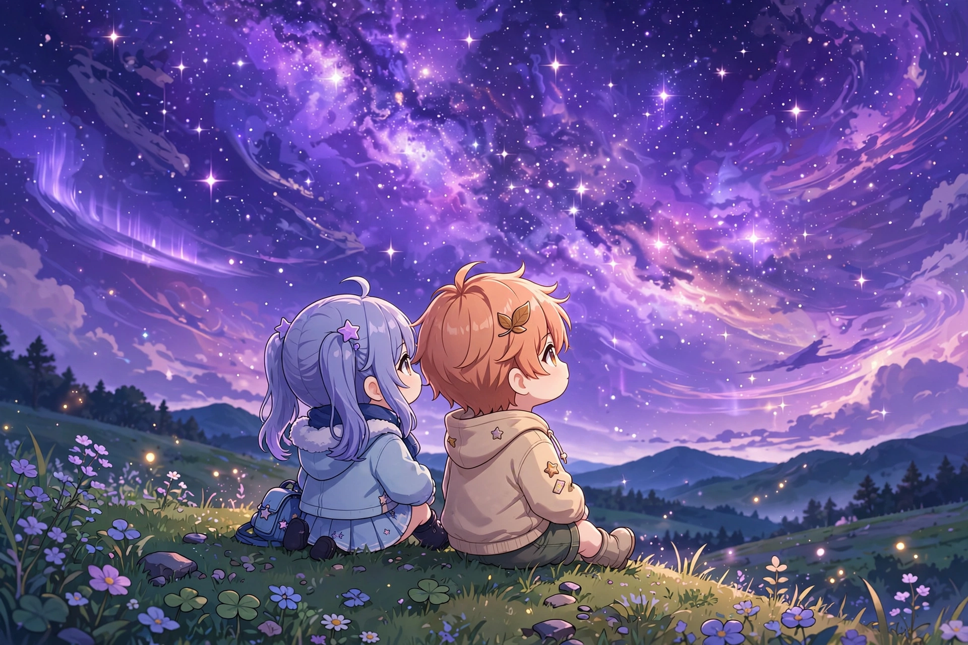 glmm cena pronta Dois personagens olhando as estrelas sob um céu de nebulosa, na cena final de um mini filme GLMM. Ilustração.