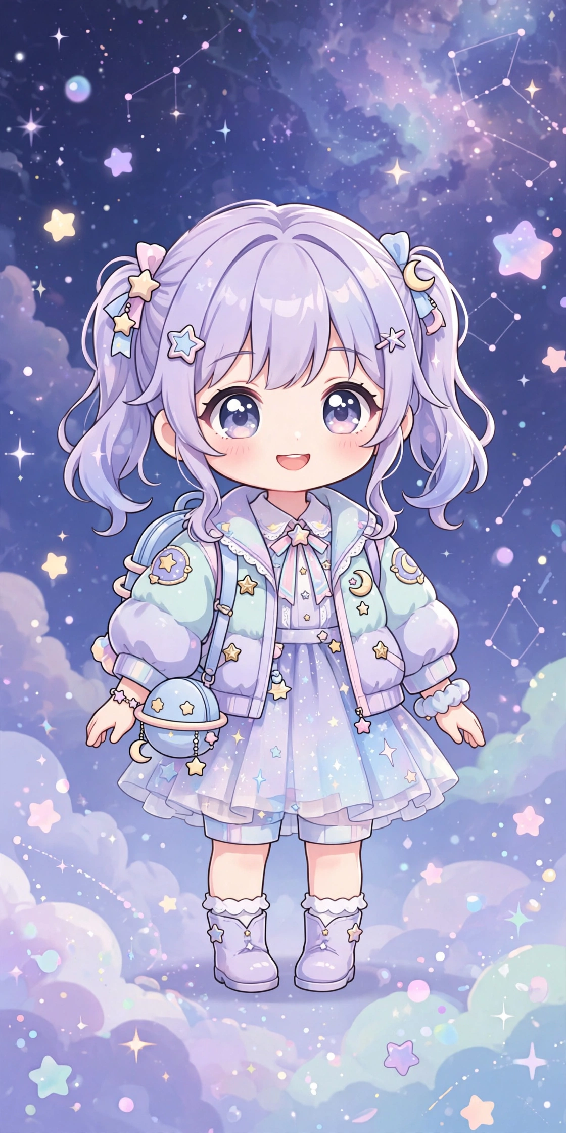 glmm editor personagem Personagem chibi com visual espacial e acessórios de estrelas, como os criados para estrelar um mini filme GLMM. Ilustração.